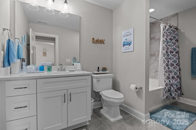 full bathroom featuring tile patterned flooring, vanity, shower / tub combo with curtain, and toilet