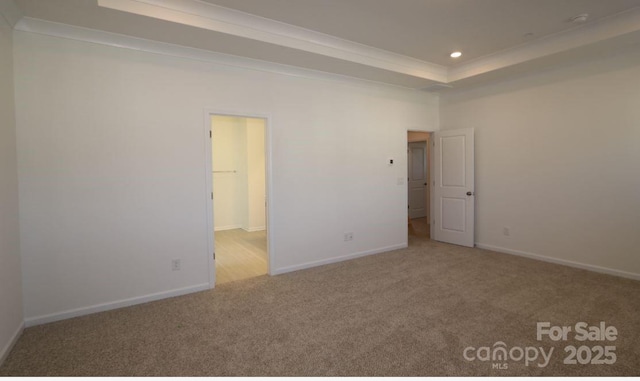 carpeted empty room with crown molding and a tray ceiling