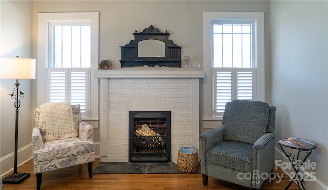 living area featuring wood-type flooring and a fireplace