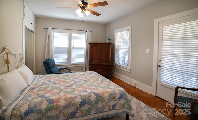 bedroom featuring ceiling fan and dark hardwood / wood-style floors