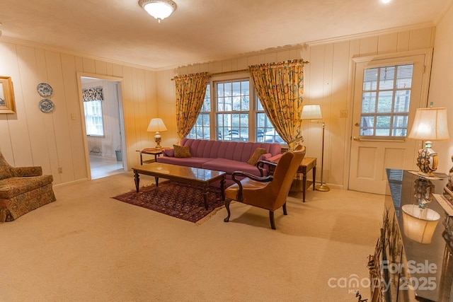 living room featuring crown molding, light colored carpet, and a healthy amount of sunlight