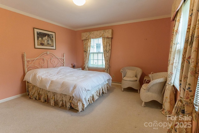 carpeted bedroom with ornamental molding