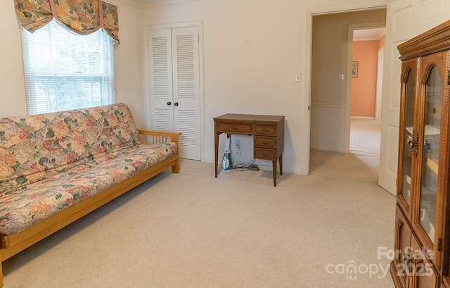 sitting room featuring light colored carpet