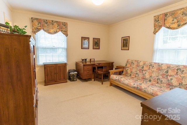 living room with ornamental molding, a healthy amount of sunlight, and carpet