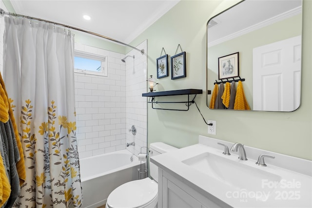 full bathroom featuring crown molding, toilet, shower / bath combination with curtain, and vanity