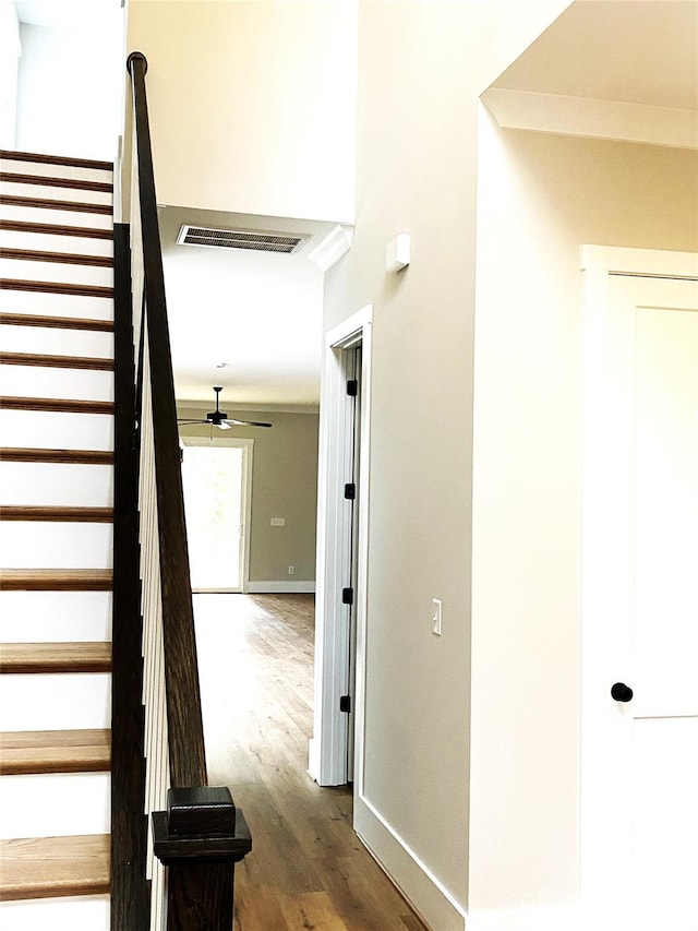 stairway with crown molding, ceiling fan, and wood-type flooring