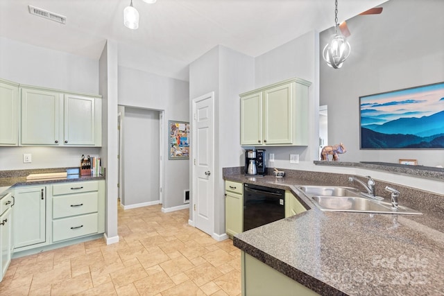 kitchen featuring sink, black dishwasher, pendant lighting, and green cabinetry