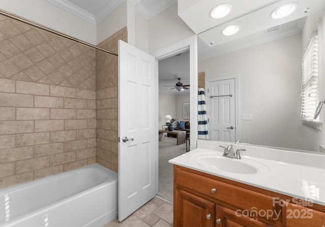 full bath featuring ceiling fan, ornamental molding, shower / tub combo with curtain, tile patterned flooring, and vanity