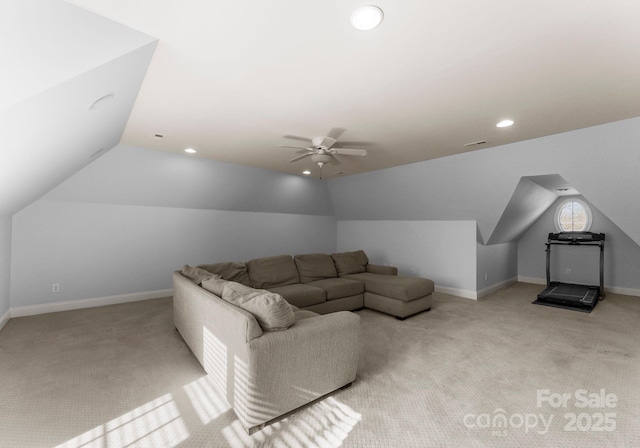 living room with recessed lighting, light colored carpet, visible vents, a ceiling fan, and baseboards