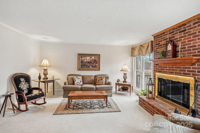 406 Brief Rd W, Indian Trail, NC 28079 - living room with a fireplace, a textured ceiling, carpet flooring, and ornamental molding