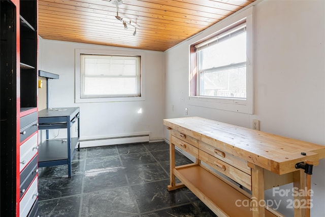 interior space with a baseboard heating unit and wood ceiling