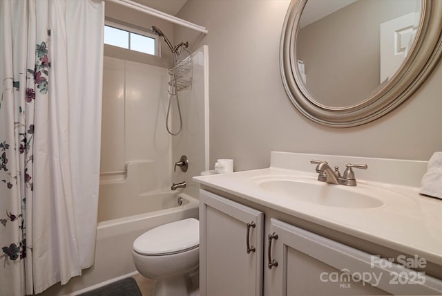 full bathroom with shower / bathtub combination with curtain, vanity, and toilet