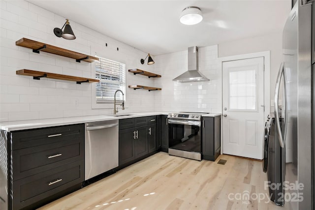 kitchen with wall chimney range hood, sink, light hardwood / wood-style flooring, appliances with stainless steel finishes, and tasteful backsplash