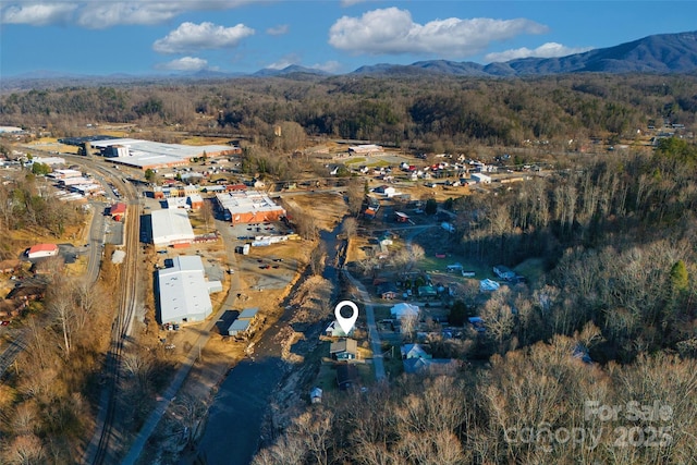 drone / aerial view featuring a mountain view