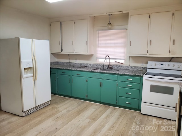 kitchen featuring white cabinetry, sink, white appliances, and light wood-type flooring