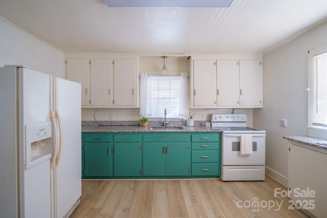 kitchen featuring light wood-type flooring, white appliances, sink, and white cabinets