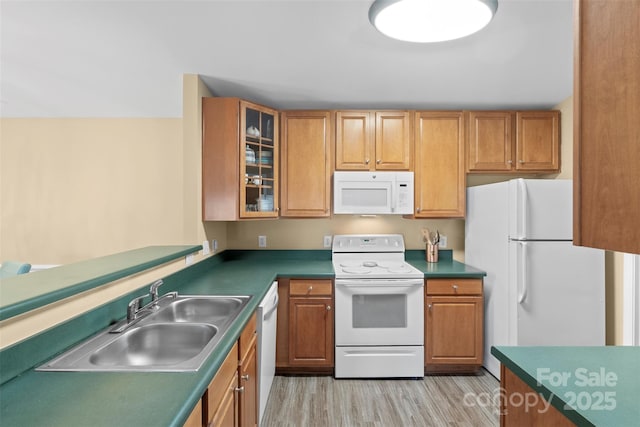 kitchen featuring sink, white appliances, and light wood-type flooring