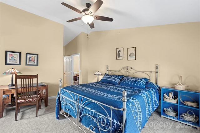 bedroom featuring ceiling fan, carpet floors, and vaulted ceiling