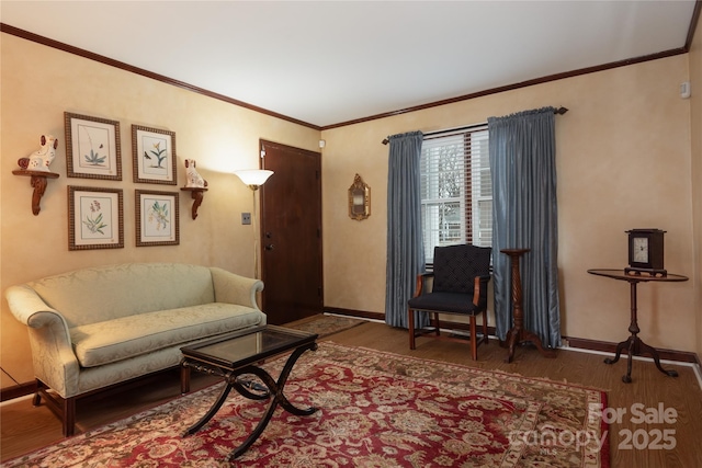 living room with dark wood-type flooring and crown molding