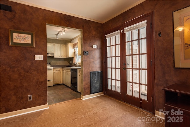 kitchen featuring french doors, sink, crown molding, dishwasher, and white range with electric cooktop