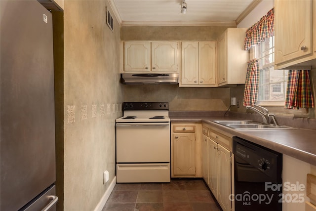 kitchen with sink, crown molding, stainless steel refrigerator, white electric stove, and black dishwasher