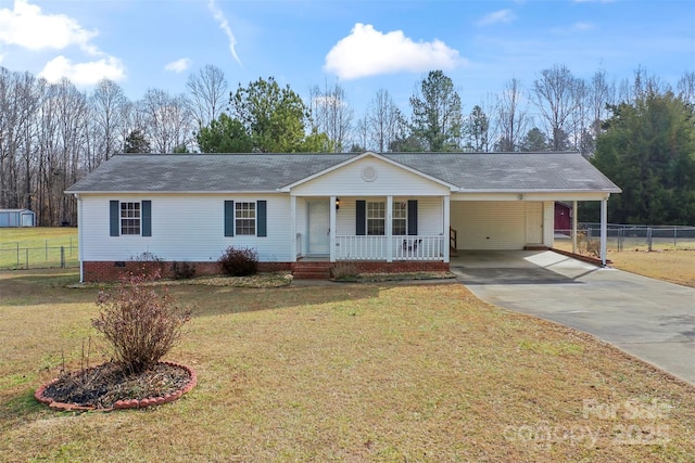 ranch-style house with a porch, a carport, and a front yard