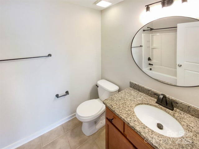 full bathroom with shower / tub combination, tile patterned floors, toilet, and vanity