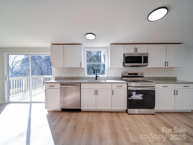 kitchen featuring stainless steel appliances, sink, and white cabinets