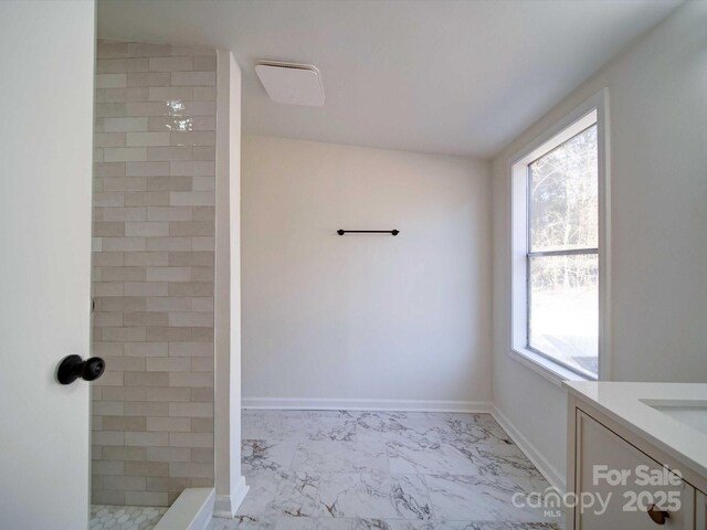 bathroom featuring vanity and a tile shower