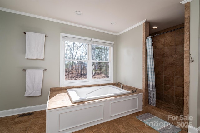 bathroom featuring independent shower and bath and crown molding