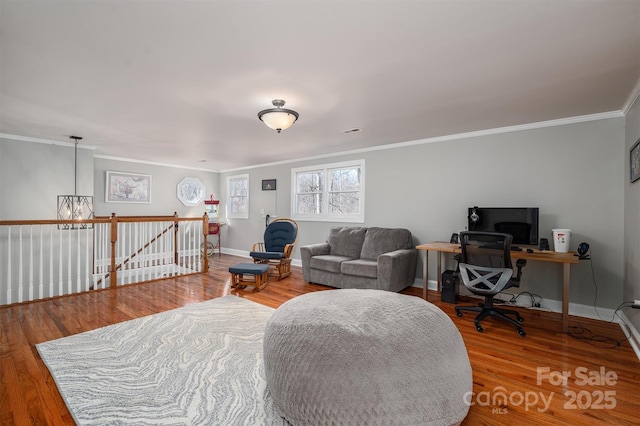 living room with crown molding and wood-type flooring