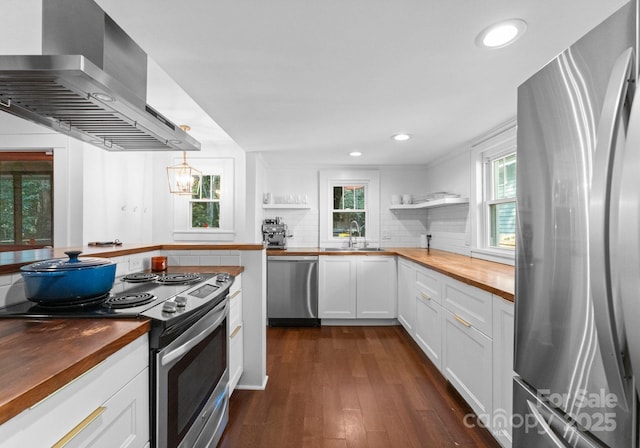 kitchen featuring appliances with stainless steel finishes, island range hood, open shelves, and butcher block countertops