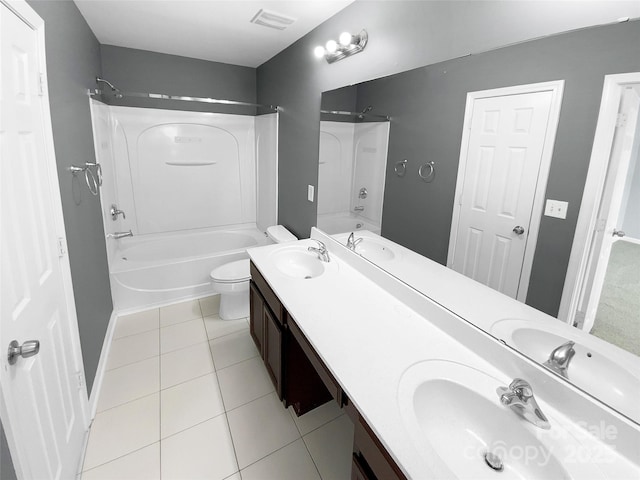 full bathroom with tile patterned flooring, vanity, shower / tub combination, and toilet