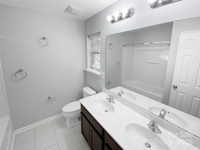 full bathroom featuring tile patterned floors, toilet, bathing tub / shower combination, and vanity