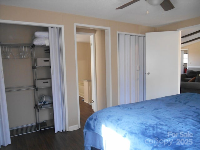 bedroom featuring dark wood-type flooring, two closets, and ceiling fan