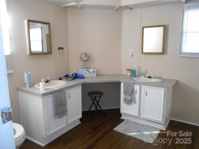 bathroom with vanity, hardwood / wood-style floors, and toilet