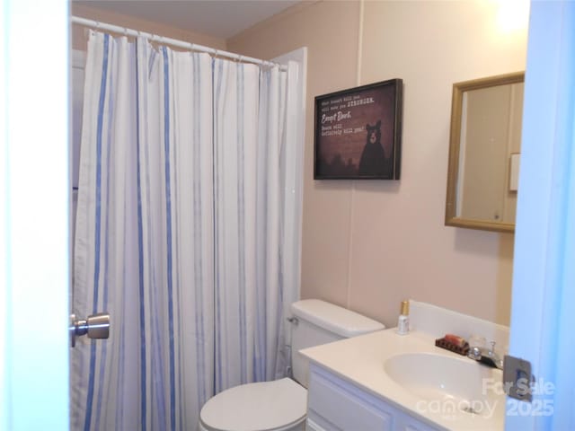 bathroom with vanity, curtained shower, and toilet