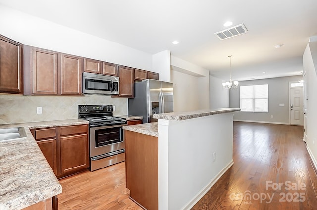 kitchen featuring decorative backsplash, appliances with stainless steel finishes, hanging light fixtures, and light wood-type flooring