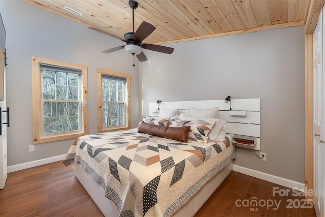 bedroom featuring dark wood-type flooring, wooden ceiling, and ceiling fan