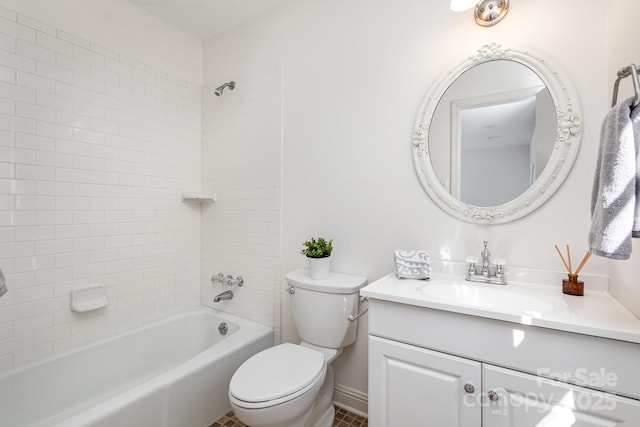 full bathroom with bathing tub / shower combination, vanity, and toilet