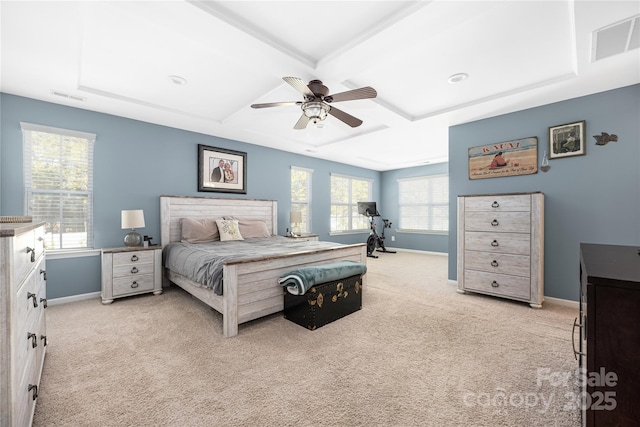 carpeted bedroom with coffered ceiling, ceiling fan, and beamed ceiling