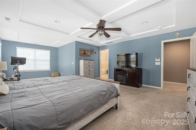 carpeted bedroom featuring ceiling fan, connected bathroom, coffered ceiling, and beam ceiling