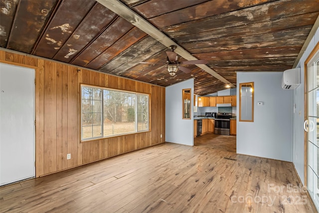 unfurnished living room featuring a wall mounted air conditioner, lofted ceiling with beams, light hardwood / wood-style flooring, wooden ceiling, and wooden walls