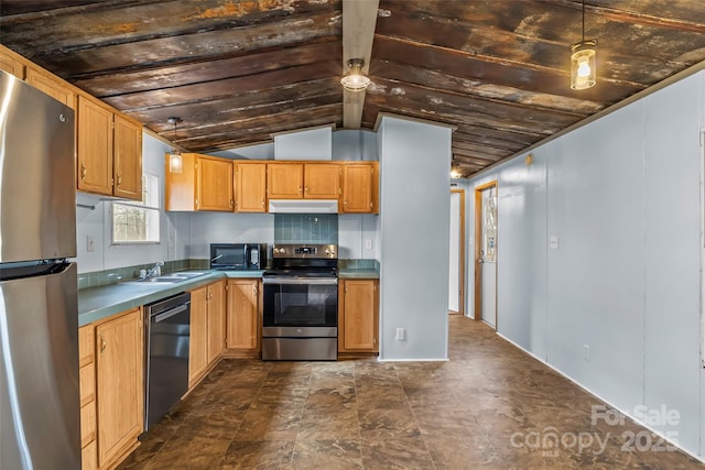 kitchen featuring stainless steel appliances, sink, and vaulted ceiling with beams