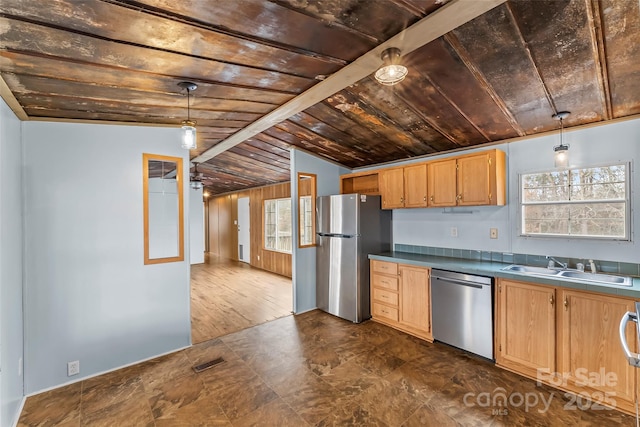 kitchen featuring plenty of natural light, appliances with stainless steel finishes, hanging light fixtures, and wooden ceiling