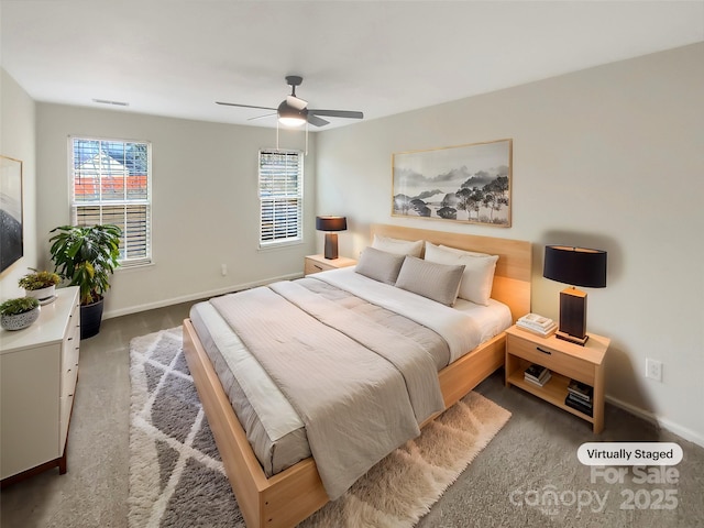 bedroom featuring carpet floors and ceiling fan