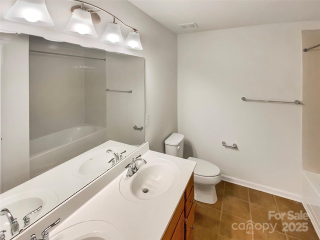 full bathroom featuring vanity, tile patterned flooring, toilet, and shower / bath combination