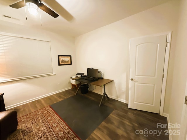 office area featuring ceiling fan and dark hardwood / wood-style flooring