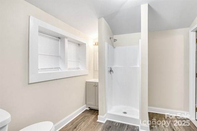 bathroom with vanity, toilet, hardwood / wood-style floors, and a shower