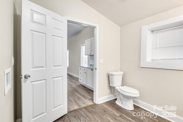 bathroom featuring wood-type flooring, vanity, and toilet